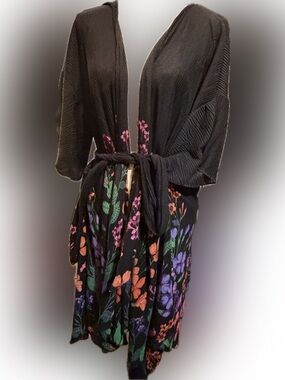 Anthropologie Black Floral Swim Coverup with Pink, Purple & Green Accents